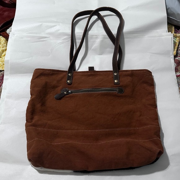 Myra Bag Cowhide Canvas Tote Shoulder Bag Leather Handles Boho Chic Purse - Picture 2 of 5